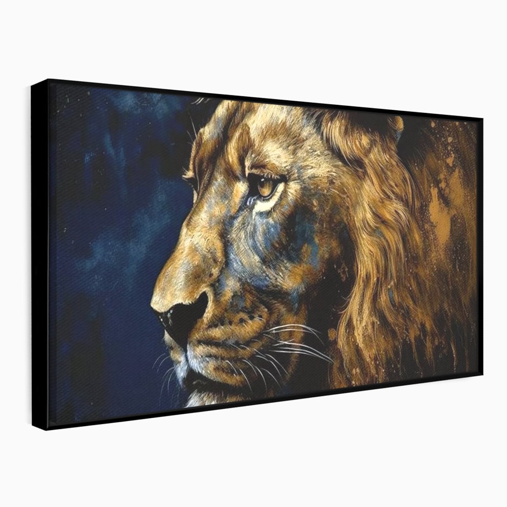 Tablou canvas cu tablou canvas cu leu in profil, in rama de aluminiu negru